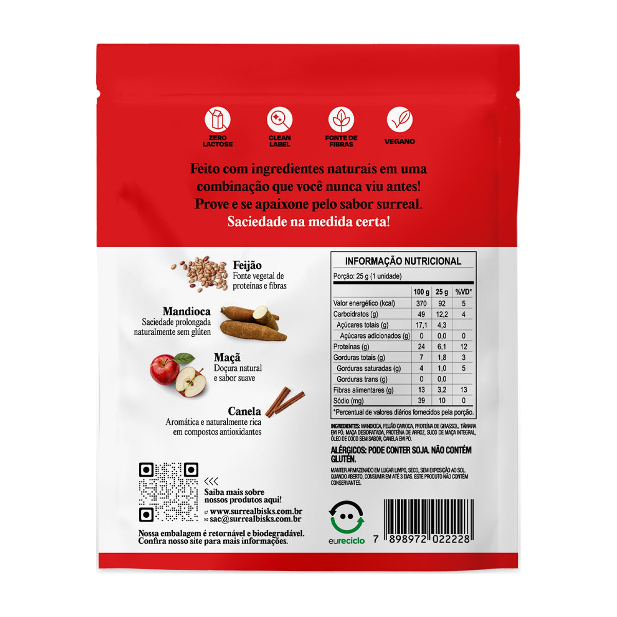 Embalagem do Stick Doce de Mandioca Maçã & Canela Surreal Bisks, verso com tabela nutricional