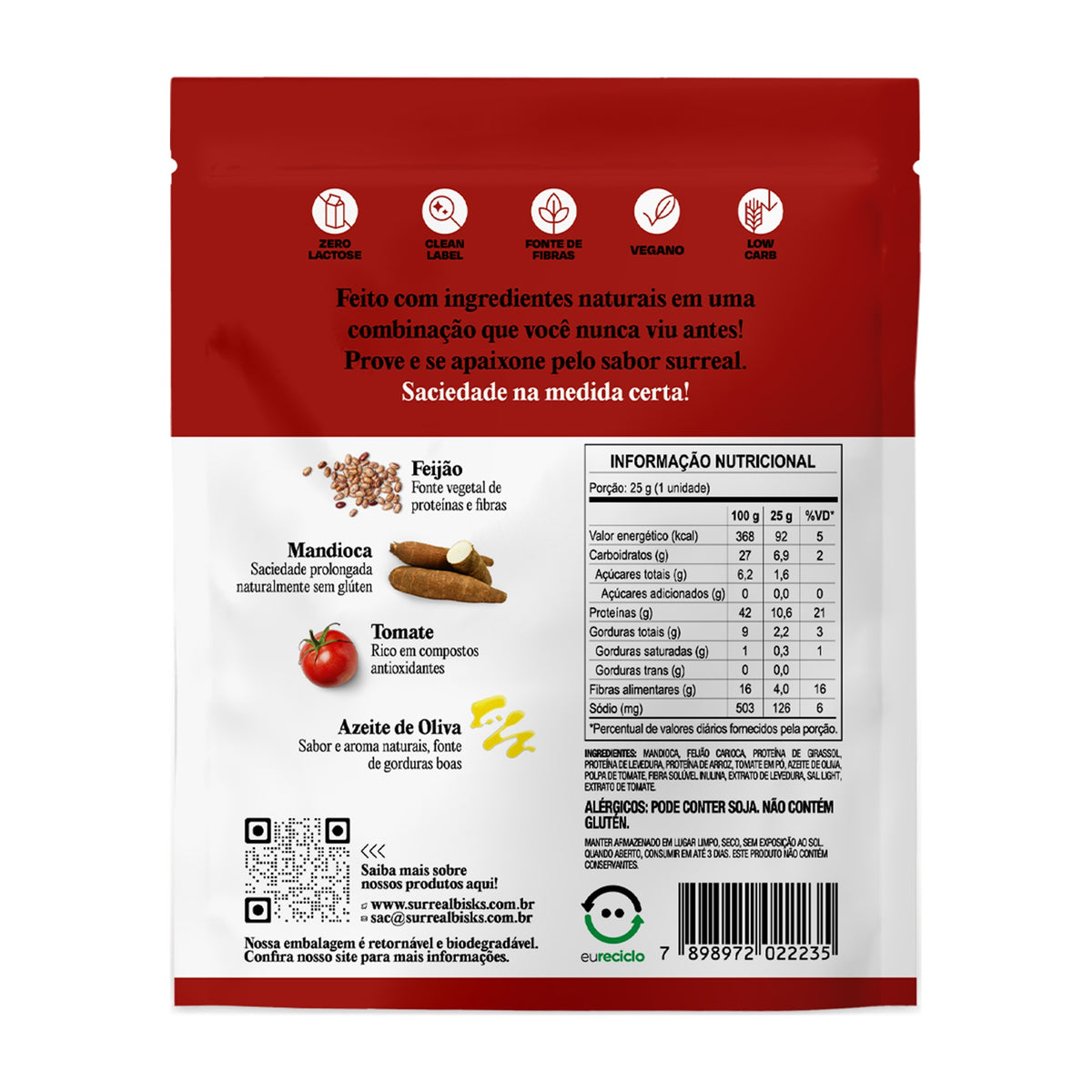 Embalagem do Stick Salgado de Mandioca Tomate & Azeite Surreal Bisks, verso com tabela nutricional