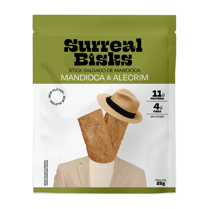 Embalagem do Stick Salgado de Mandioca & Alecrim Surreal Bisks, 25 g, vista frontal