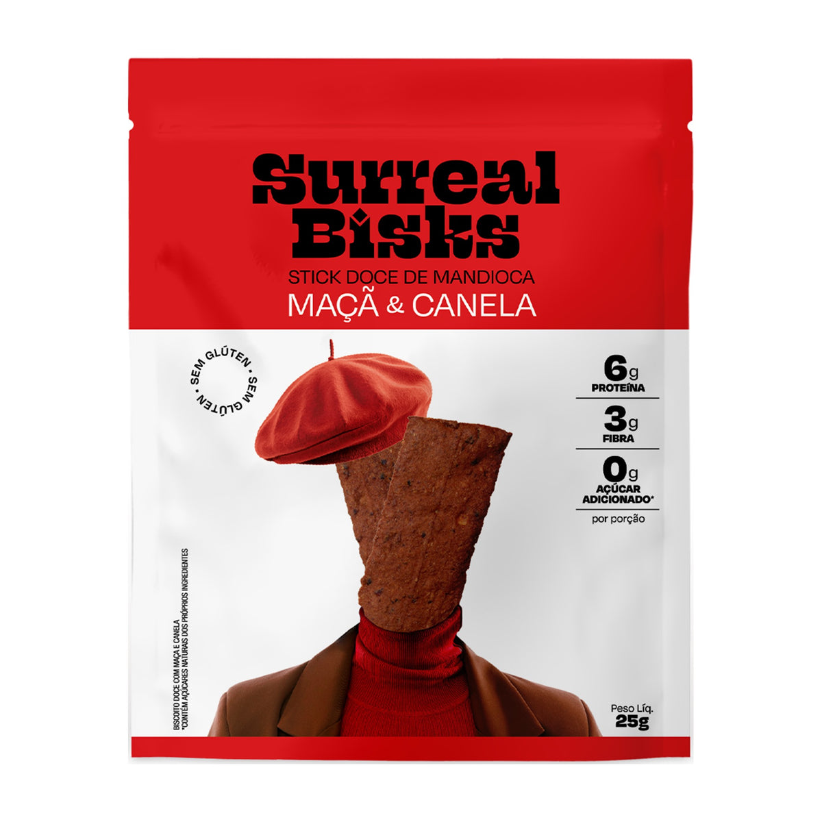 Embalagem do Stick Doce de Mandioca Maçã & Canela Surreal Bisks, 25 g, vista frontal