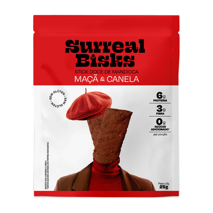 Embalagem do Stick Doce de Mandioca Maçã & Canela Surreal Bisks, 25 g, vista frontal