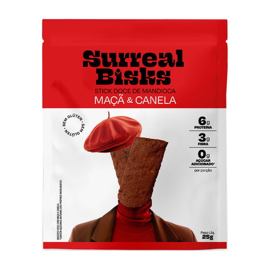 Embalagem do Stick Doce de Mandioca Maçã & Canela Surreal Bisks, 25 g, vista frontal