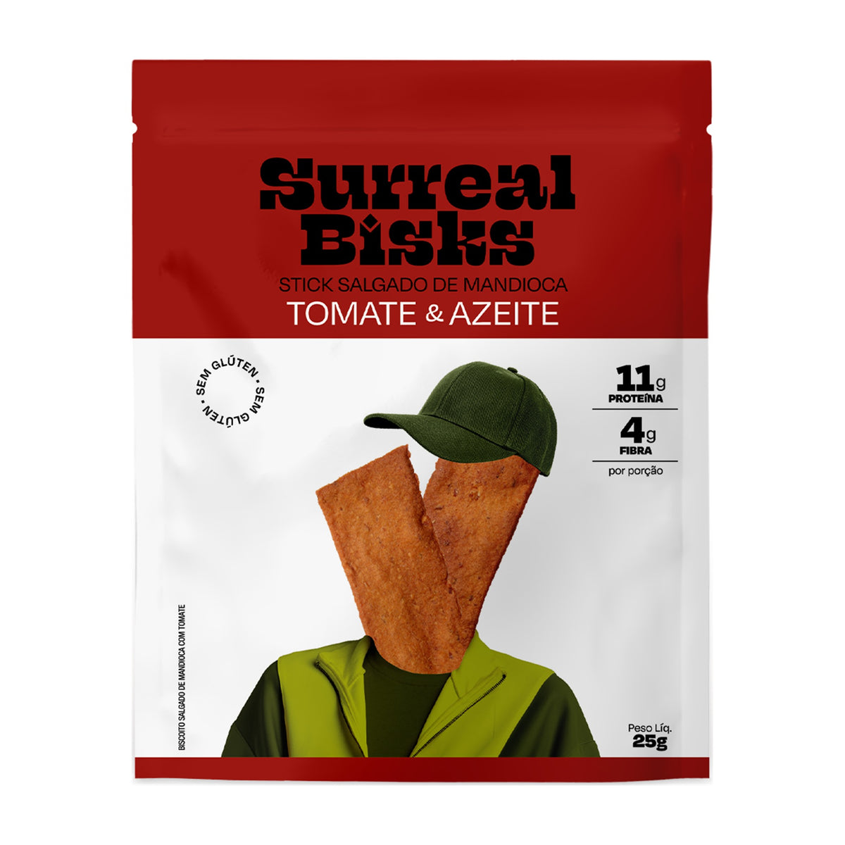 Embalagem do Stick Salgado de Mandioca Tomate & Azeite Surreal Bisks, 25 g, vista frontal
