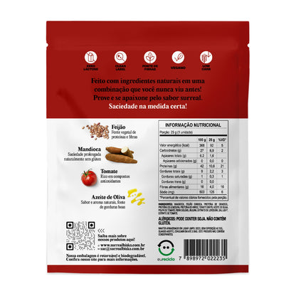 Embalagem do Stick Salgado de Mandioca Tomate & Azeite Surreal Bisks, verso com tabela nutricional